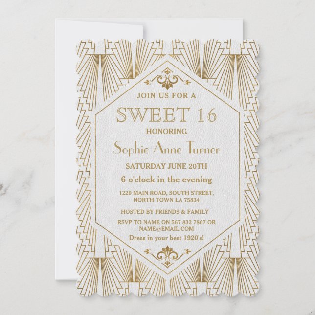 Invitación Glam Gran Gatsby Art Deco Oro Dulce Blanco 16 (Anverso)