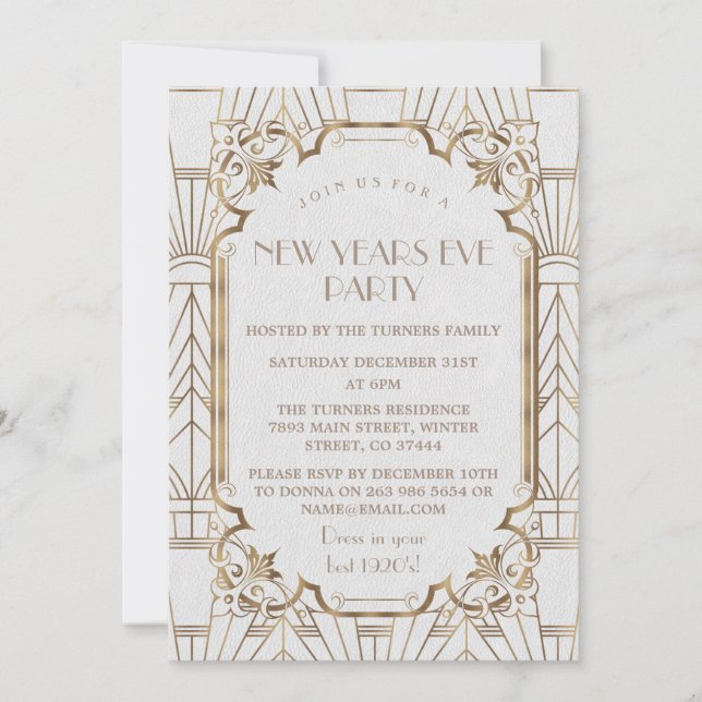 Invitación Glam Great Gatsby White 20 Fiesta de Nochevieja de (Anverso)
