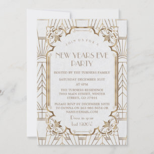 Invitación Glam Great Gatsby White 20 Fiesta de Nochevieja de