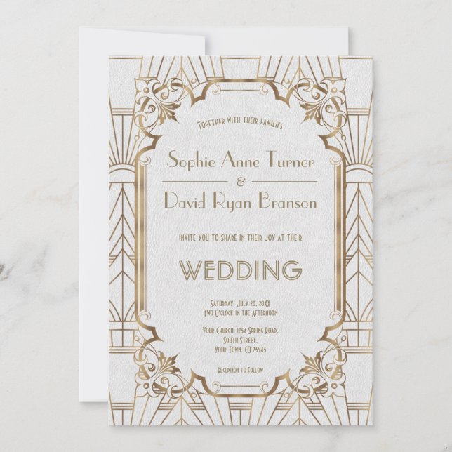 Invitación Glam Great Gatsby White Art Deco Boda de los años  (Anverso)