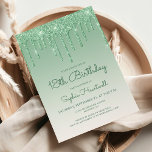 Invitación Glam Green 18th Birthday Party<br><div class="desc">Esta moderna invitación a la fiesta de cumpleaños número 18 tiene un brillante purpurina verde y un oscuro fondo. Las palabras "18th Birthday" y el nombre del invitado de honor aparecen en el guión de escritura informal verde, con el resto del texto de personalizable en letra sans serif. En el...</div>