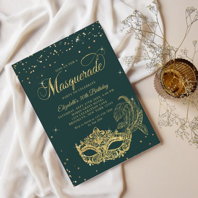 Invitación Glam Green Gold Purpurina Masquerade Cumpleaños (Subido por el creador)