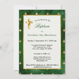 Invitación Glam Green Gold Stars Baptism