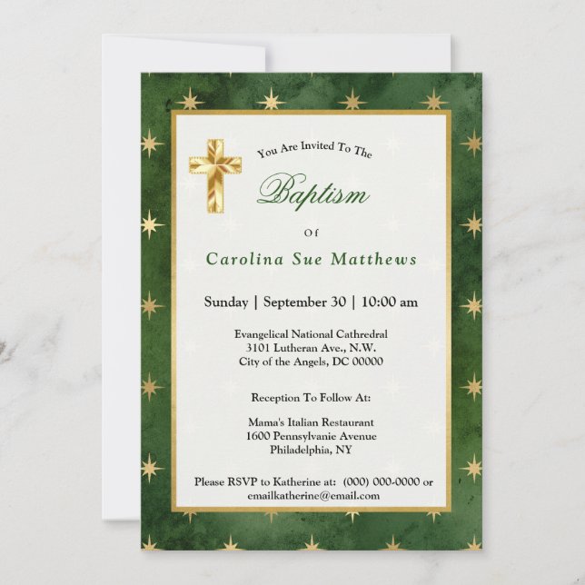 Invitación Glam Green Gold Stars Baptism (Anverso)