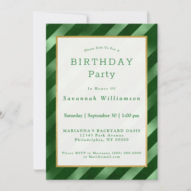 Invitación Glam Green Stripe Pattern Cumpleaños (Anverso)