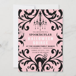 Invitación Glam Halloween Soiree rosa y negro Damask