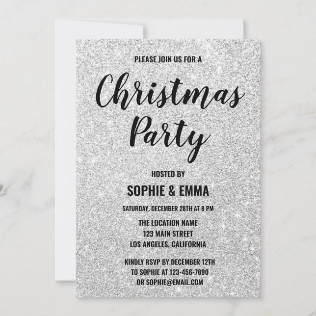 Invitación Glam Holiday Navidades Fiesta Silver Purpurina Bli (Anverso)
