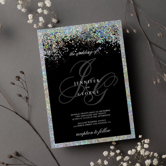 Invitación Glam holográfico purpurina de plata boda (Glam holographic silver glitter initials wedding)