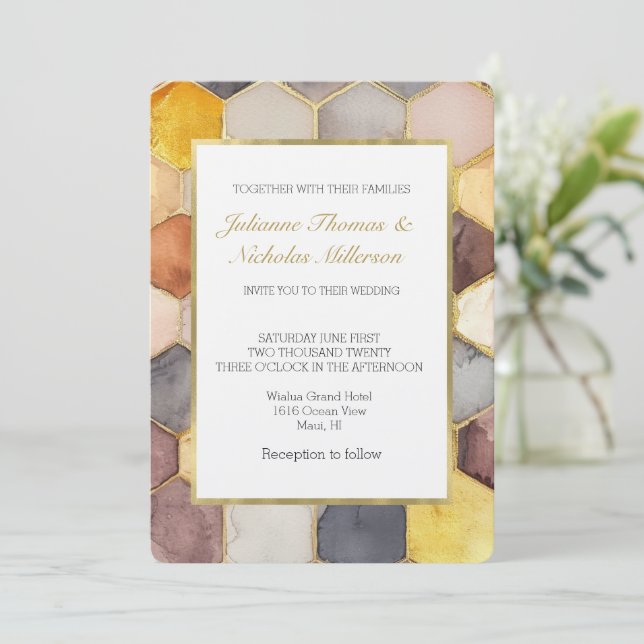 Invitación Glam Honey Comb Rubor Champagne Boda Resumen (Anverso de pie)