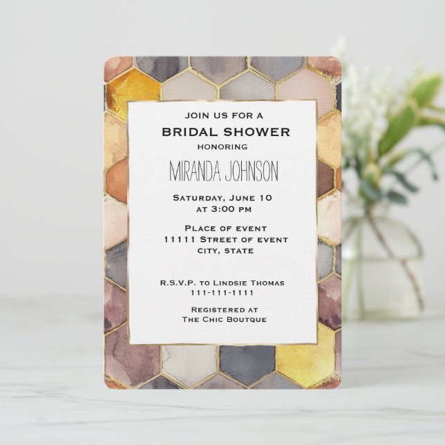 Invitación Glam Honey Comb Rubor Champagne Bridal Shower (Anverso de pie)