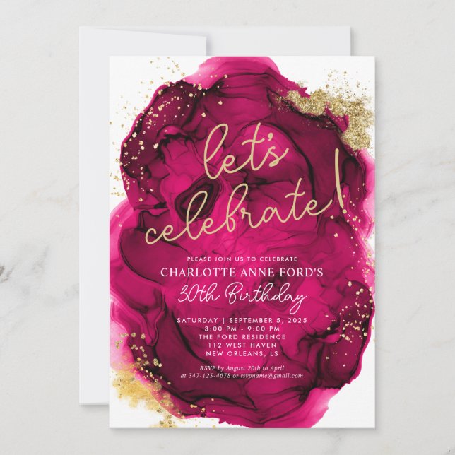 Invitación Glam Hot Pink Gold Purpurina Alcohol Tinta Cumplea (Anverso)