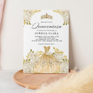 Invitación Glam Ivory Gold Vestido Floral 15 Quinceañera