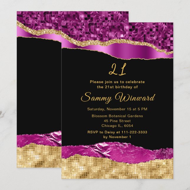 Invitación Glam Lágrimas de morado y oro Fiesta de cumpleaños (Anverso / Reverso)