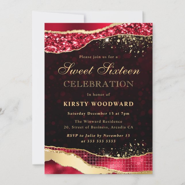 Invitación Glam Lágrimas de Purpurina Rojo y Oro Dieciséis (Anverso)