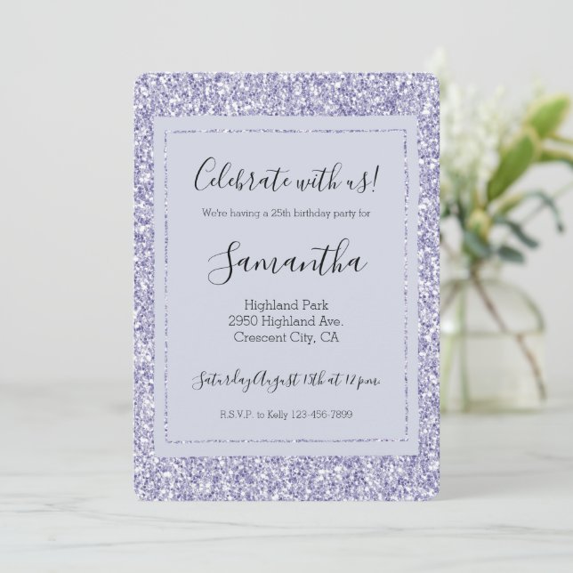 Invitación Glam Lavender Lilac Purpurina púrpura (Anverso de pie)