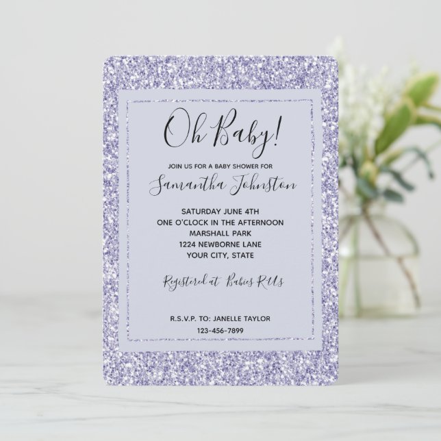 Invitación Glam Lavender Lilac Purpurina púrpura Baby Shower (Anverso de pie)