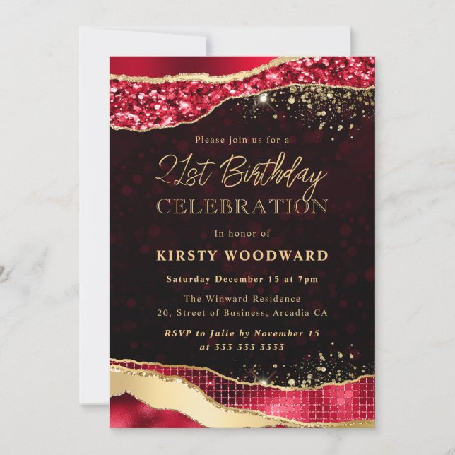 Invitación Glam Lears, Purpurina de Oro y Rojo, cumple 21 año (Anverso)