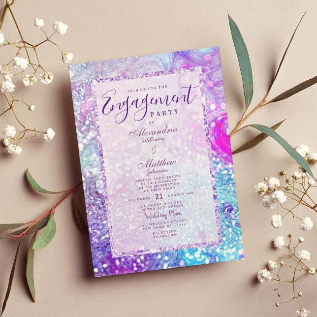 Invitación Glam lilac lavender purpurina verde azulado de már (Glam lilac lavender teal marble glitter Engagement Invitation )