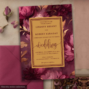 Invitación Glam Luxury Maroon Rubor Gold Floral Boda