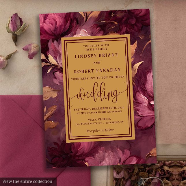 Invitación Glam Luxury Maroon Rubor Gold Floral Boda (Glam Luxury Maroon Blush Gold Floral Wedding Invitation)