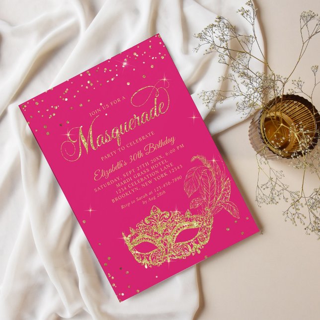 Invitación Glam Magenta Purpurina Oro Rosa Mascarada Cumpleañ (Subido por el creador)