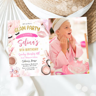 Invitación Glam Makeup Chica Birthday Pink Spa Fiesta Foto