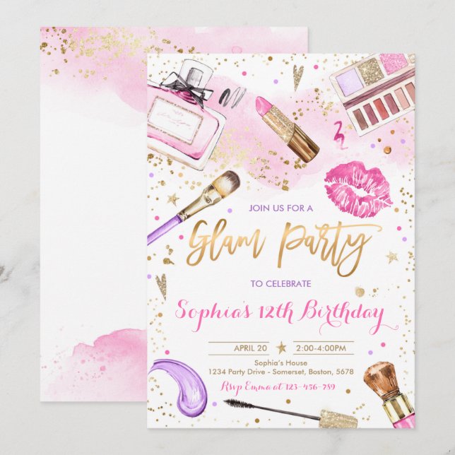 Invitación Glam Makeup Partido de Cumpleaños Rubor Fiesta de  (Anverso / Reverso)