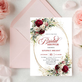 Invitación Glam Maroon White Roses Gold Bridal Shower Invite