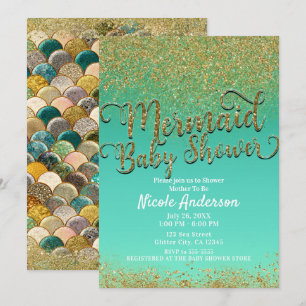 Invitación Glam Mermaid Baby Shower Gold Glitter & Azul Turqu