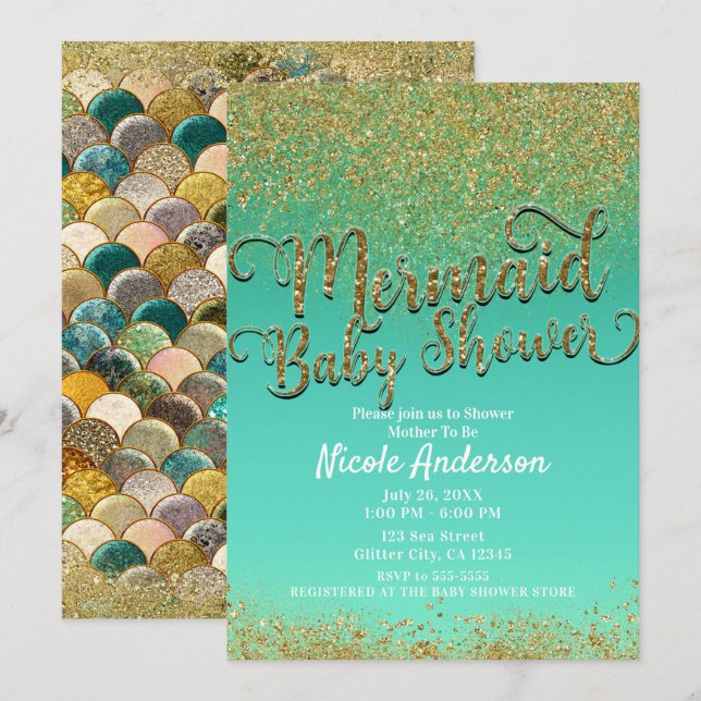 Invitación Glam Mermaid Baby Shower Gold Purpurina y Verde az (Anverso / Reverso)
