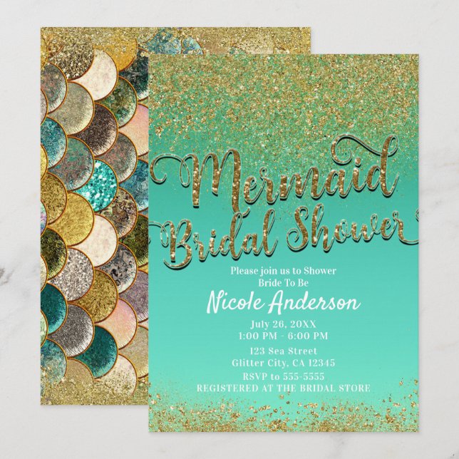 Invitación Glam Mermaid Bridal Shower Gold Purpurina y Verde  (Anverso / Reverso)