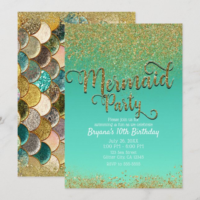 Invitación Glam Mermaid Fiesta Purpurina de oro y cumpleaños  (Anverso / Reverso)