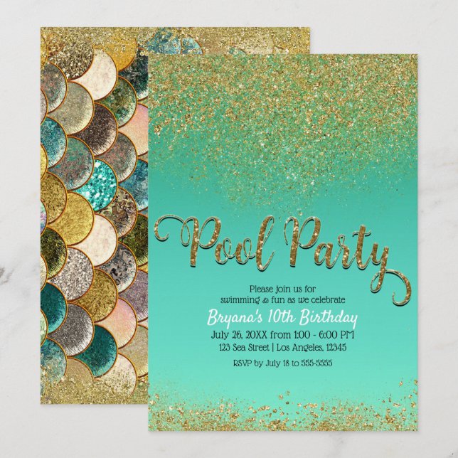 Invitación Glam Mermaid Pool Fiesta Purpurina de oro Verde az (Anverso / Reverso)