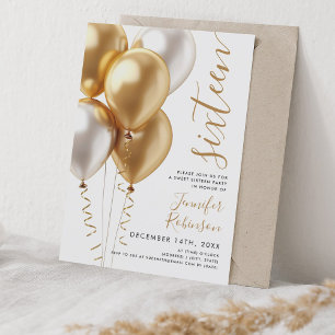 Invitación Glam Minimal Gold Balloons Dulce 16 Cumpleaños