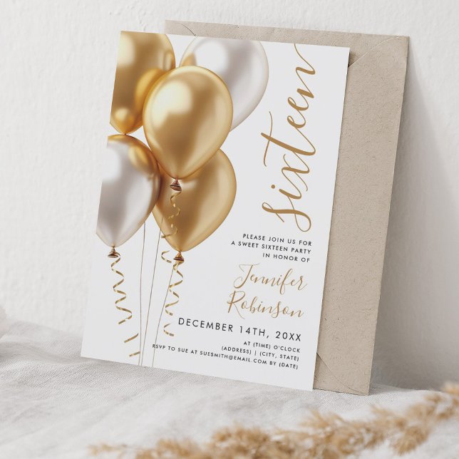 Invitación Glam Minimal Gold Balloons Dulce 16 Cumpleaños (Glam Minimal Gold Balloons Sweet 16 Birthday Invitation)
