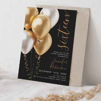 Invitación Glam Minimal Gold Balloons Sweet 16 Birthday Black