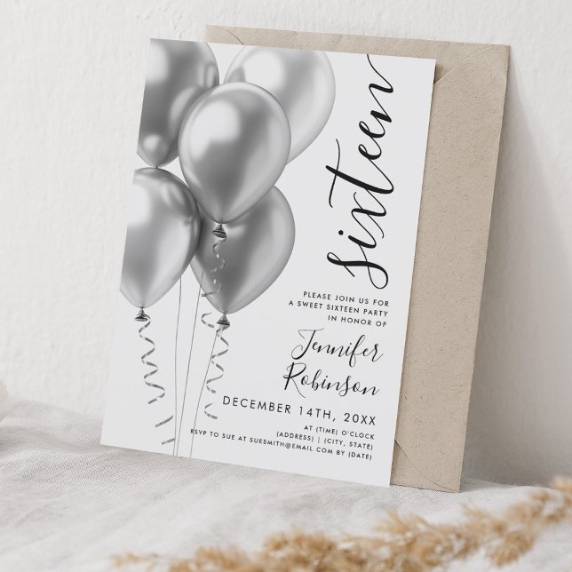 Invitación Glam Minimal Silver Globos Dulce 16 Cumpleaños (Glam Minimal Silver Balloons Sweet 16 Birthday Invitation)