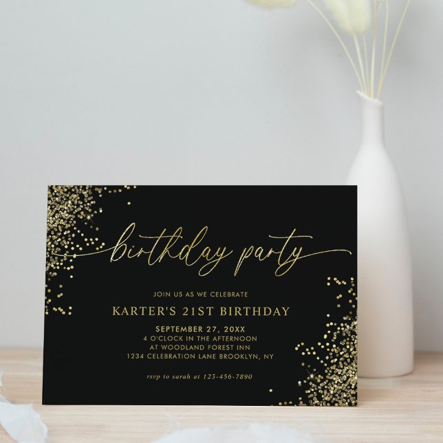 Invitación Glam Mínimo Black Gold Confetti Adultos Cumpleaños (Subido por el creador)