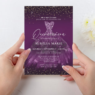 Invitación Glam Moda Oro Morado Princesa Vestido Quinceanera