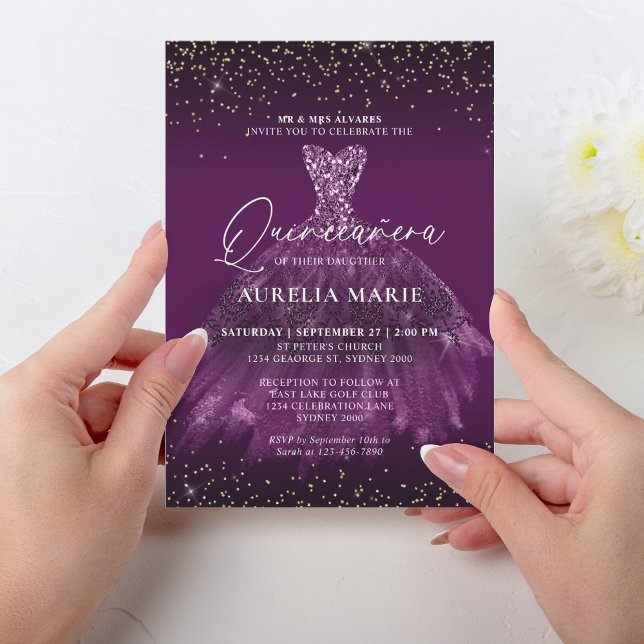 Invitación Glam Moda Oro Morado Princesa Vestido Quinceanera (Subido por el creador)
