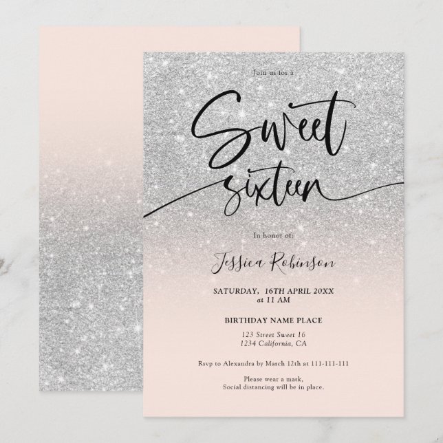 Invitación Glam moda purpurina de plata oscuro gris rosa dulc (Anverso / Reverso)