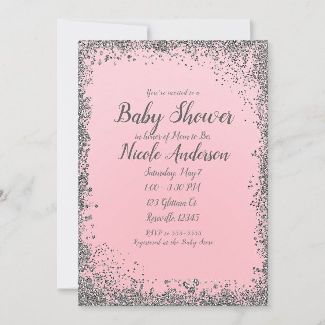 Invitación Glam Modern Baby Shower, Purpurina de Rubor rosado (Anverso)