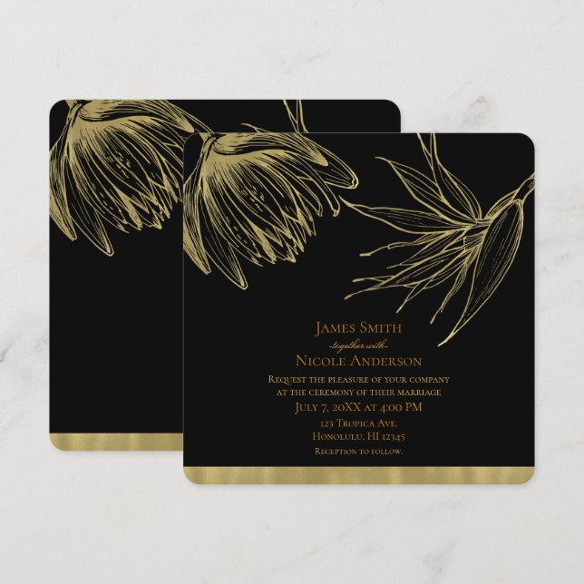 Invitación Glam Moderno Dorado & Negro Floral Botánico Tropic (Anverso / Reverso)