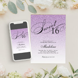 Invitación Glam morado claro Purpurina dulce 16