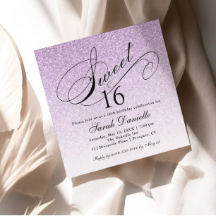 Invitación Glam morado claro Purpurina dulce 16 cuadrado