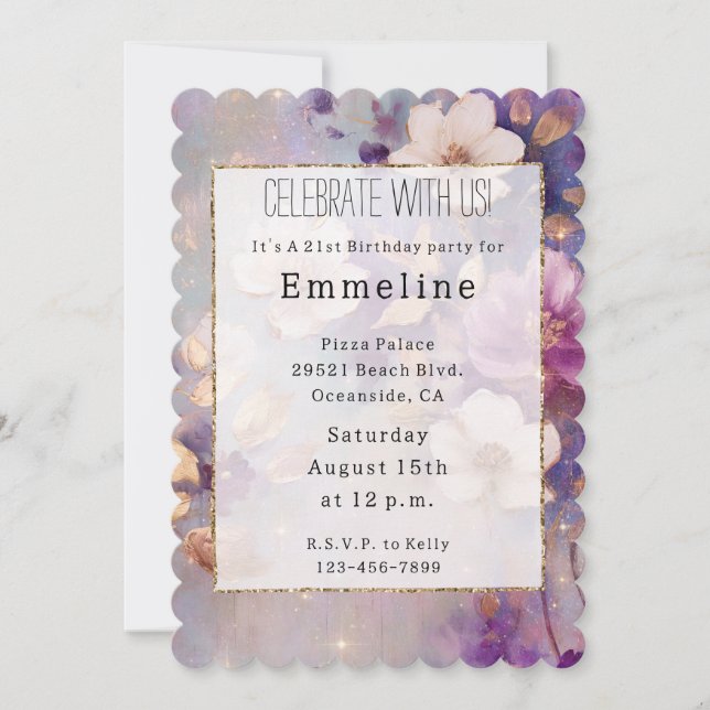 Invitación Glam Morado Floral de oro blanco (Anverso)