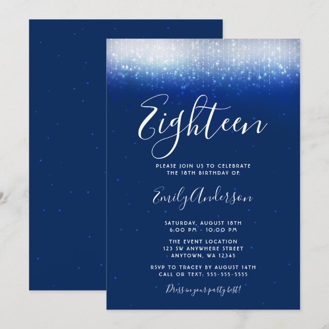 Invitación Glam Navy Blue 18º cumpleaños (Anverso / Reverso)