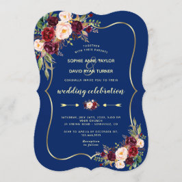 Invitación Glam Navy Blue Gold Burgundy Boda Floral