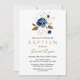 Invitación Glam Navy Blue Gold Floral Cruz blanca Bautismo