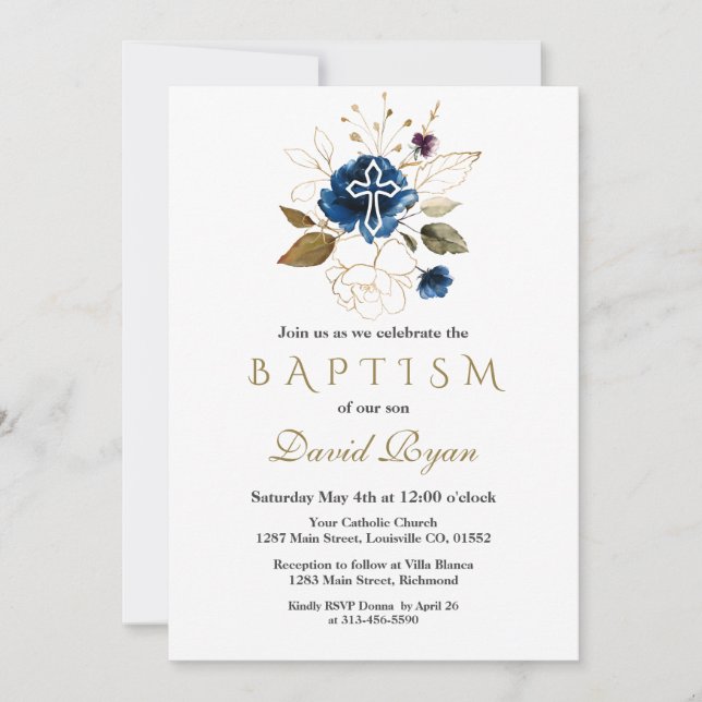 Invitación Glam Navy Blue Gold Floral Cruz blanca Bautismo (Anverso)
